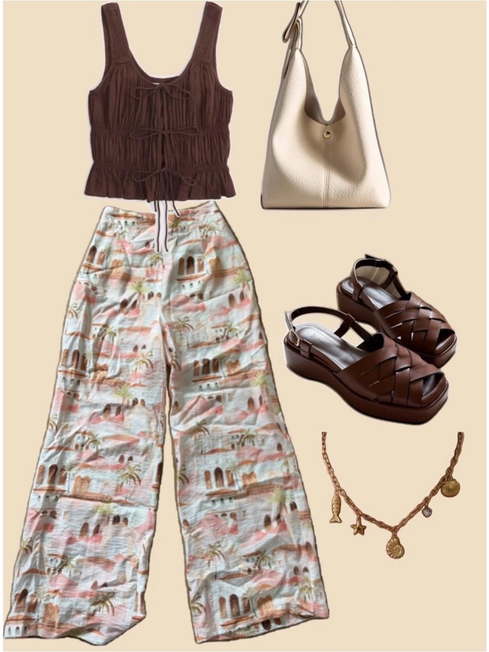 Petal & Pup Coral and Cream Tropical-Print Wide-Leg Pants
